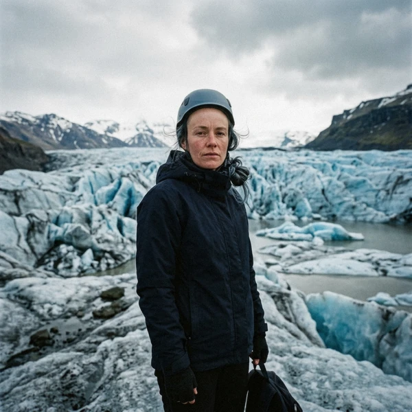 Kristín Ólafsdóttir, glacier guide, at the ice edge below the Falljökull icefall in Skaftafell