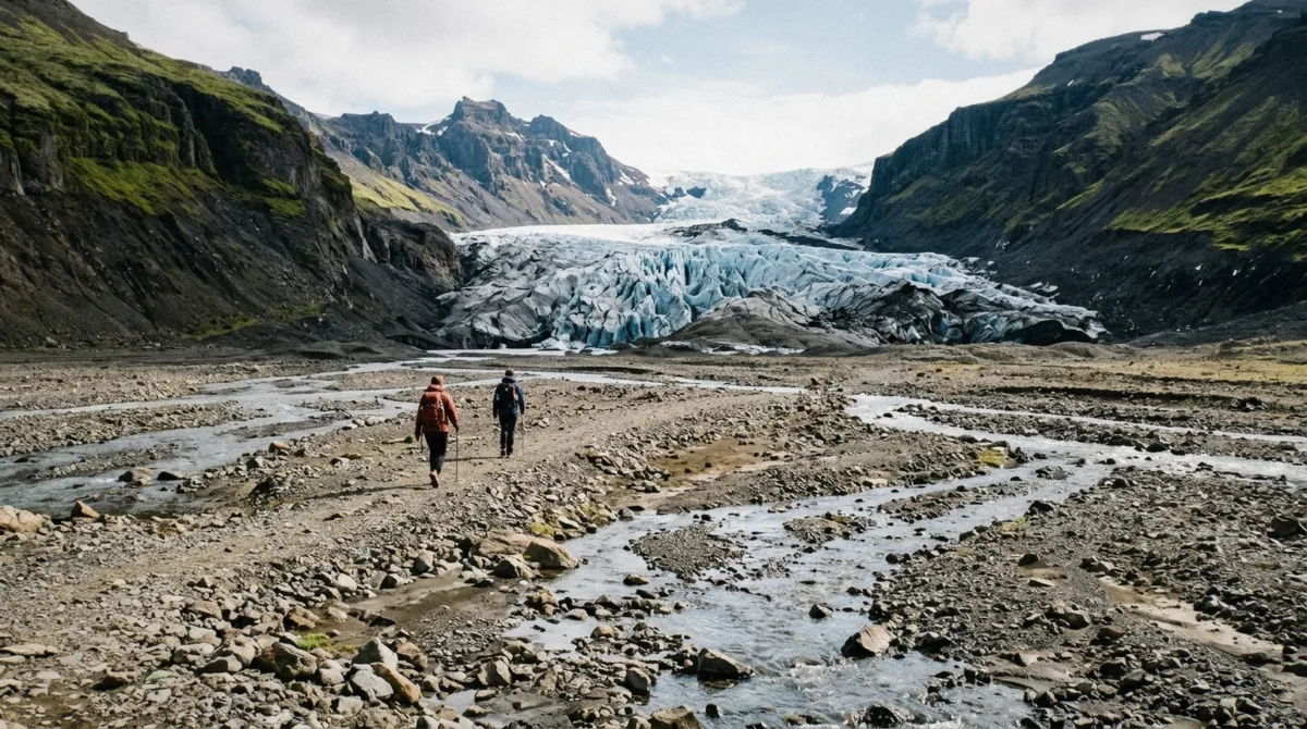 Walkers crossing the gravel moraine toward the snout of Falljökull before the easy glacier hike at Skaftafell, Iceland