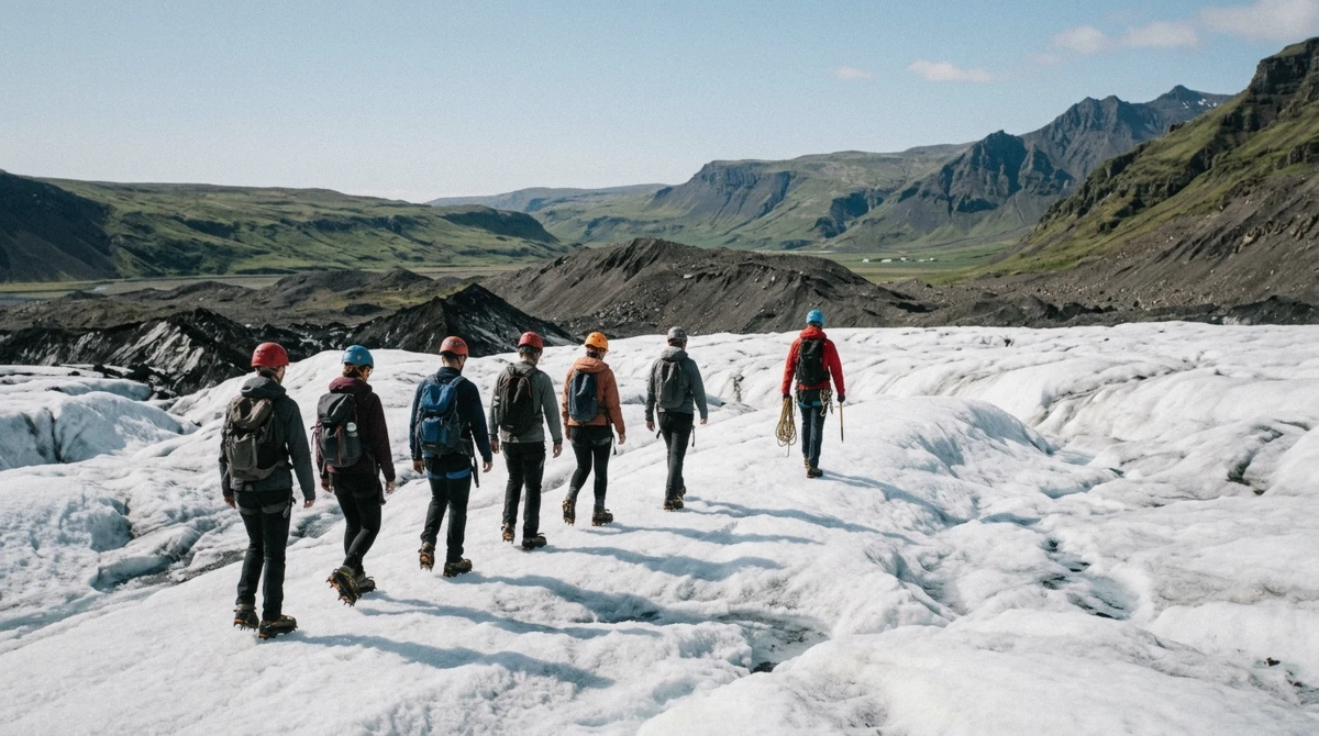 A small group walking in single file with crampons on the lower ice during the Falljökull easy glacier hike from Skaftafell, Iceland