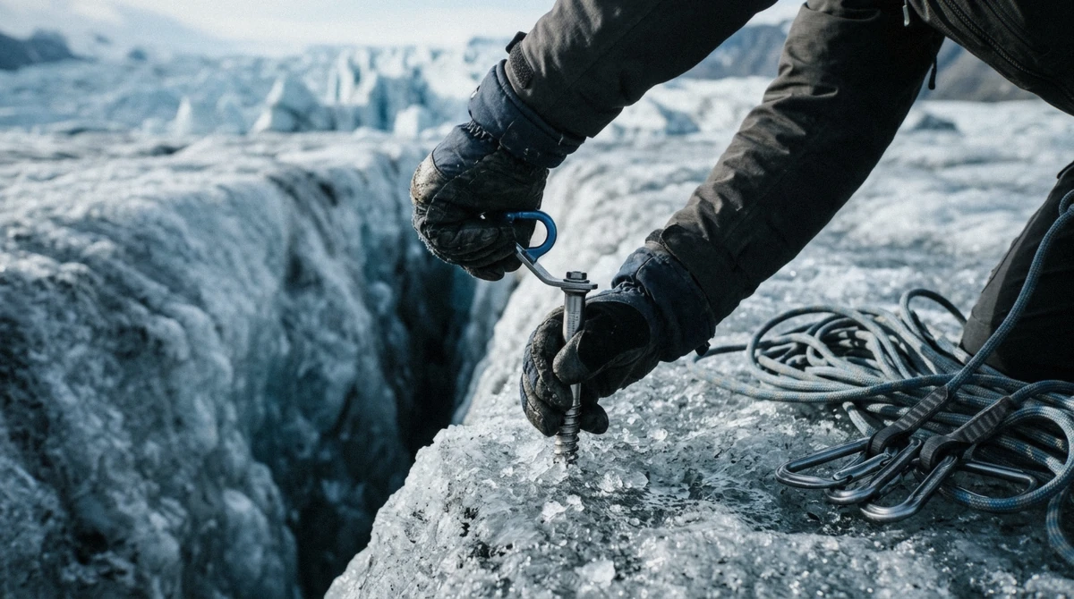 A guide placing an ice screw at the lip of a crevasse before the Falljökull ice climbing tour, Skaftafell, Iceland
