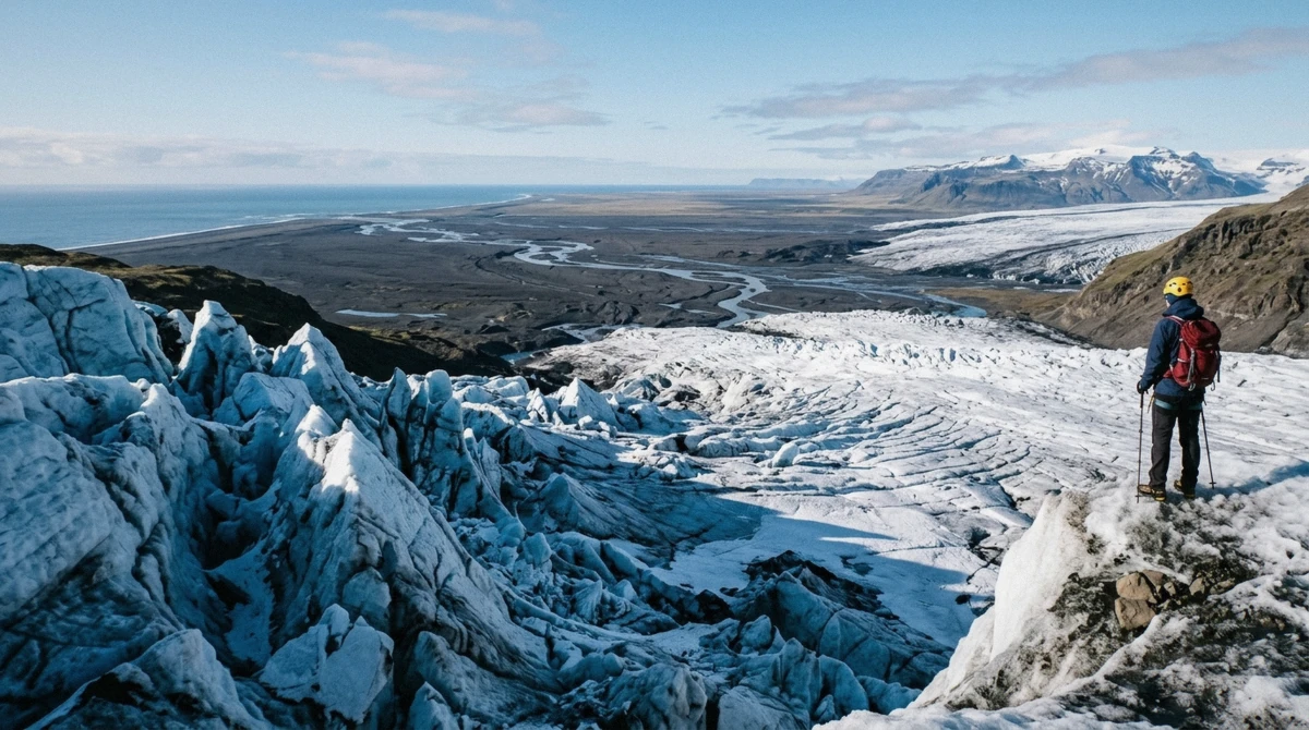 The view back over Skaftafell National Park from the upper ice during the Falljökull advanced glacier hike, Iceland