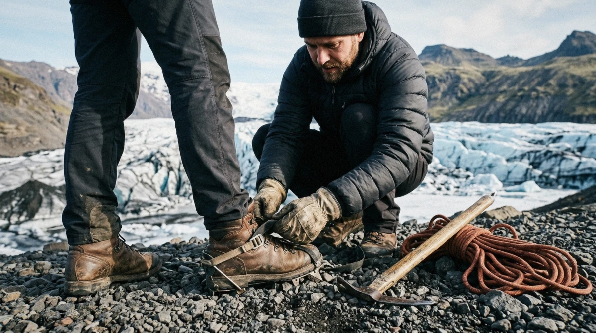A guide strapping crampons onto a hiker's boot at the ice edge before a Falljökull glacier hike in Skaftafell, Iceland