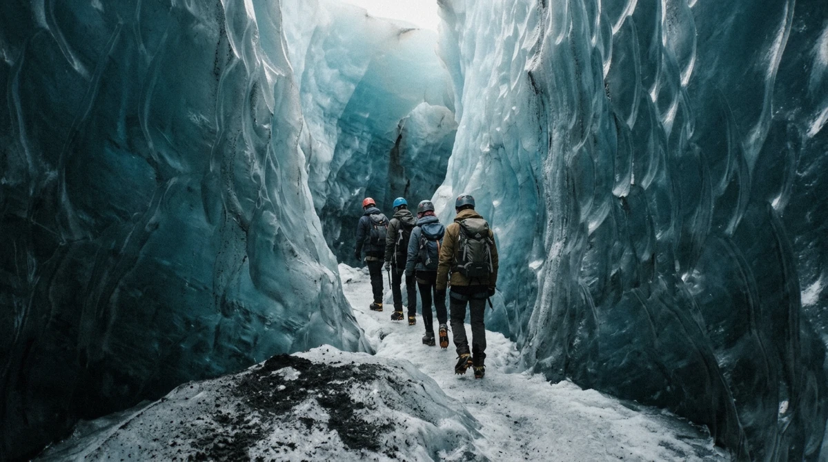 A guided line of hikers walking between blue crevasse walls on a Falljökull glacier hike in Skaftafell National Park, Iceland
