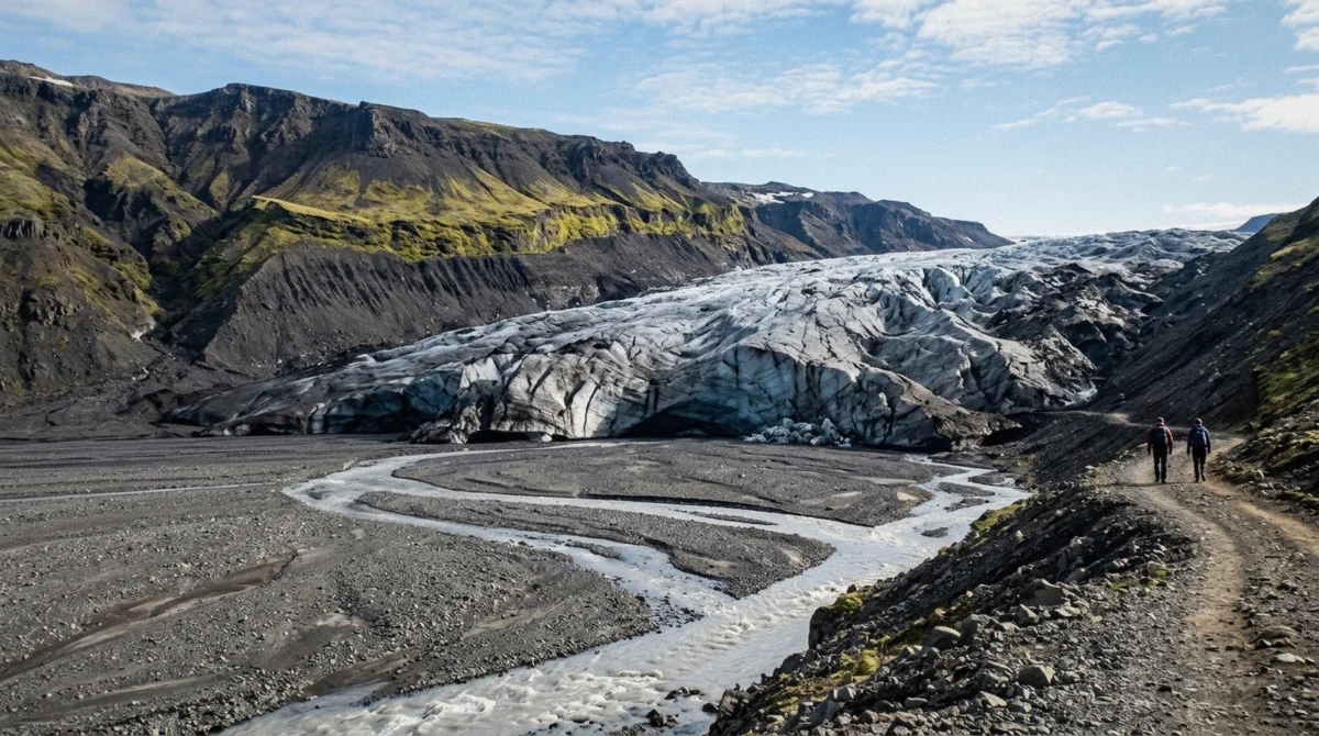 The snout of Falljökull glacier above the gravel valley floor at Skaftafell, the approach walk on every Falljökull glacier hike in Iceland