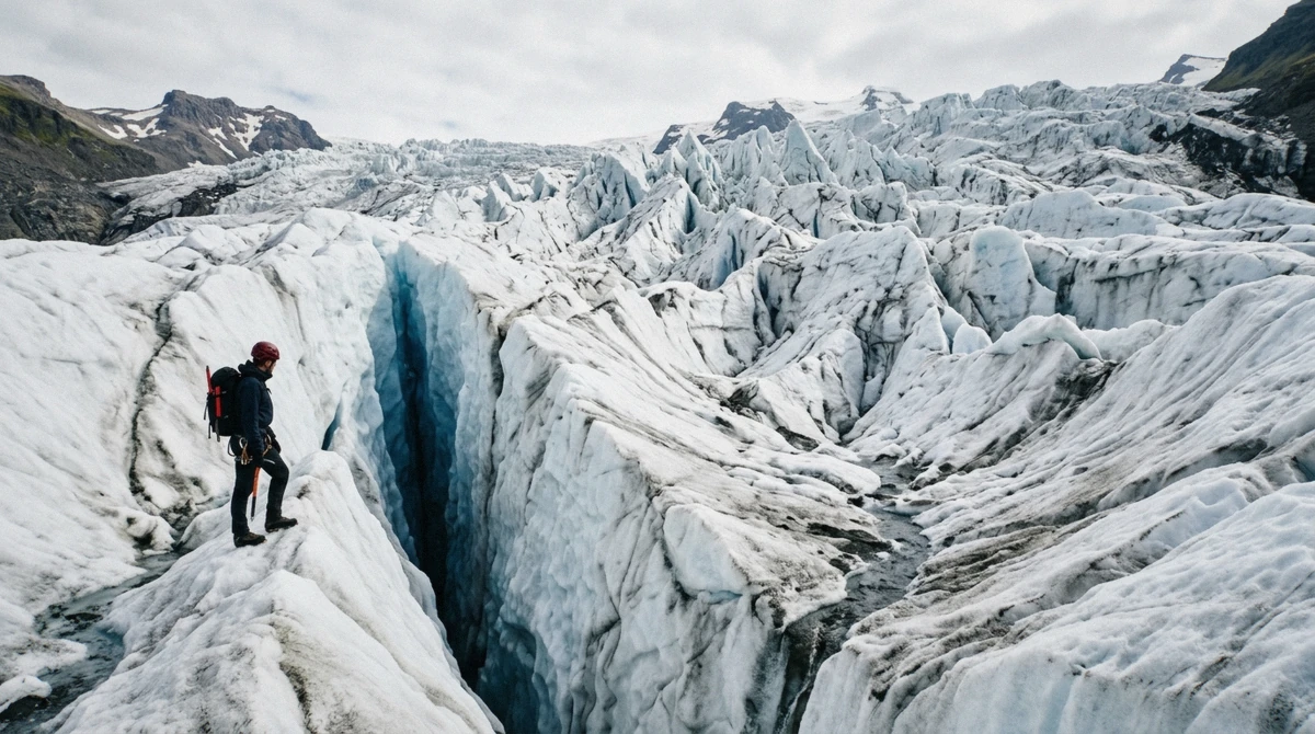 Broken seracs and blue crevasses in the icefall on a Falljökull glacier hike above Skaftafell, Southeast Iceland