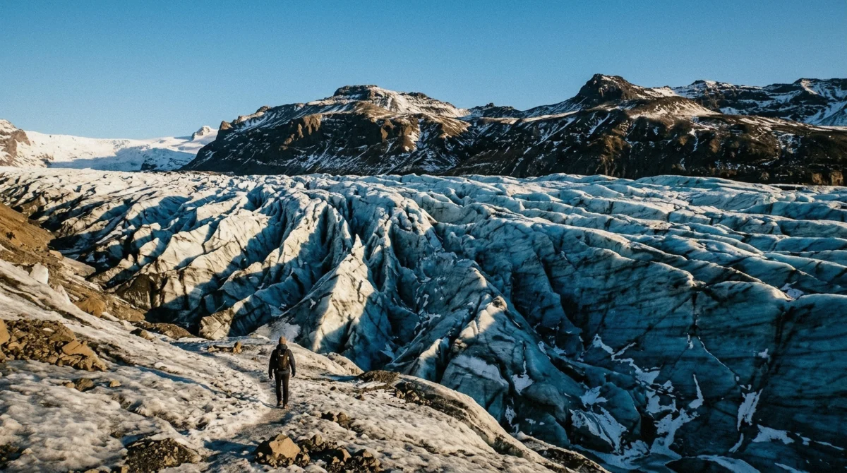 Bare blue ice on the Falljökull glacier hike above Skaftafell in the clear late-summer conditions that make August the best time for a glacier hike in Iceland