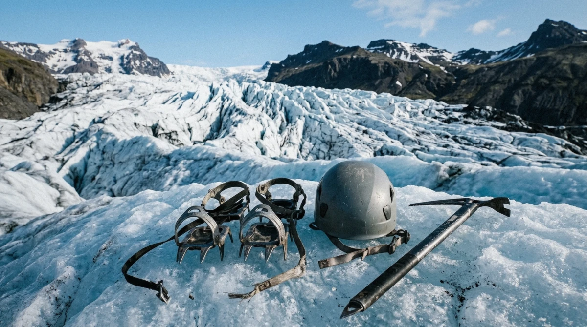 A hiker paying for gear rental at the Tröll Expeditions base before a Falljökull glacier hike near Skaftafell, Iceland