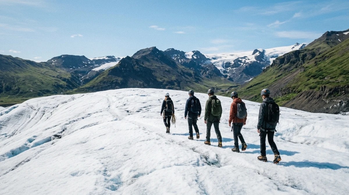 A child walking roped between guides on the Falljökull glacier hike with kids in Skaftafell, crampons fitted at the Hof base