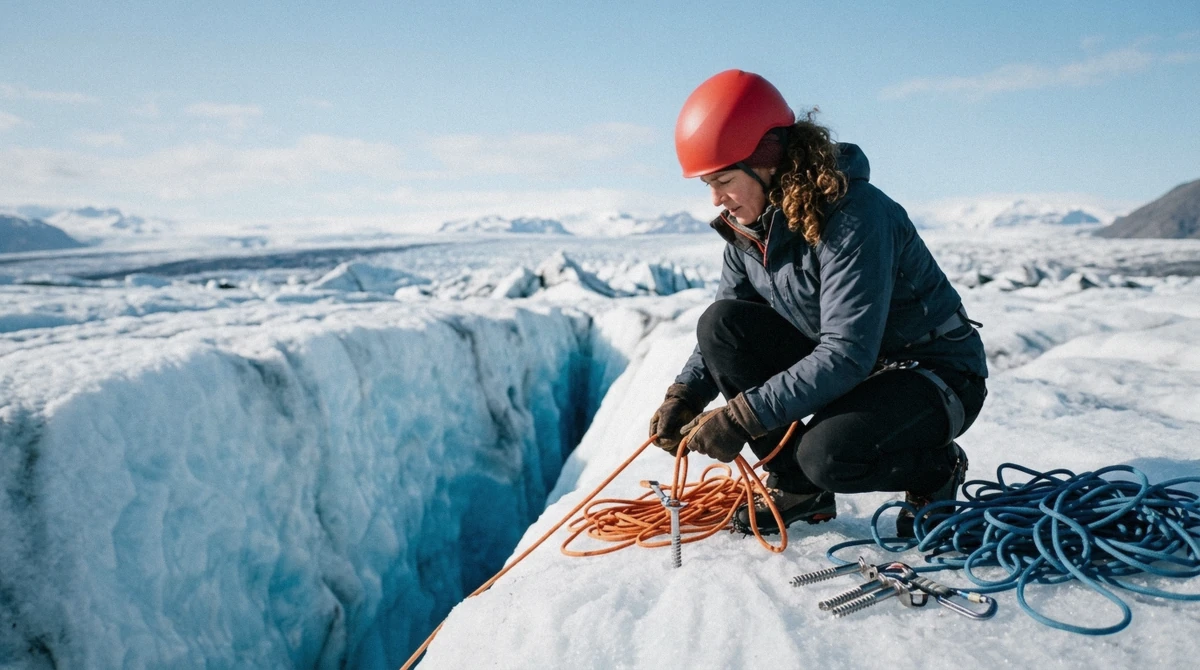 A certified guide fitting crampons on a hiker before a guided Falljökull glacier hike at the Skaftafell meeting point
