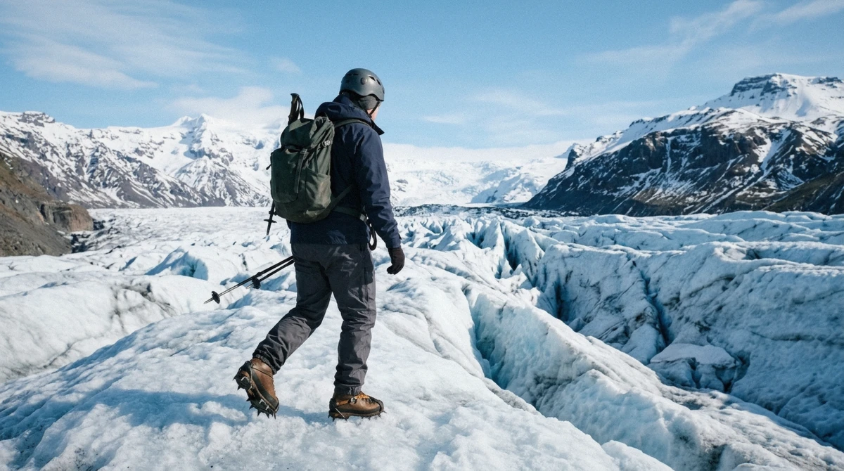 Layered hiking clothing and crampons laid out before a Falljökull glacier hike in Skaftafell, Iceland