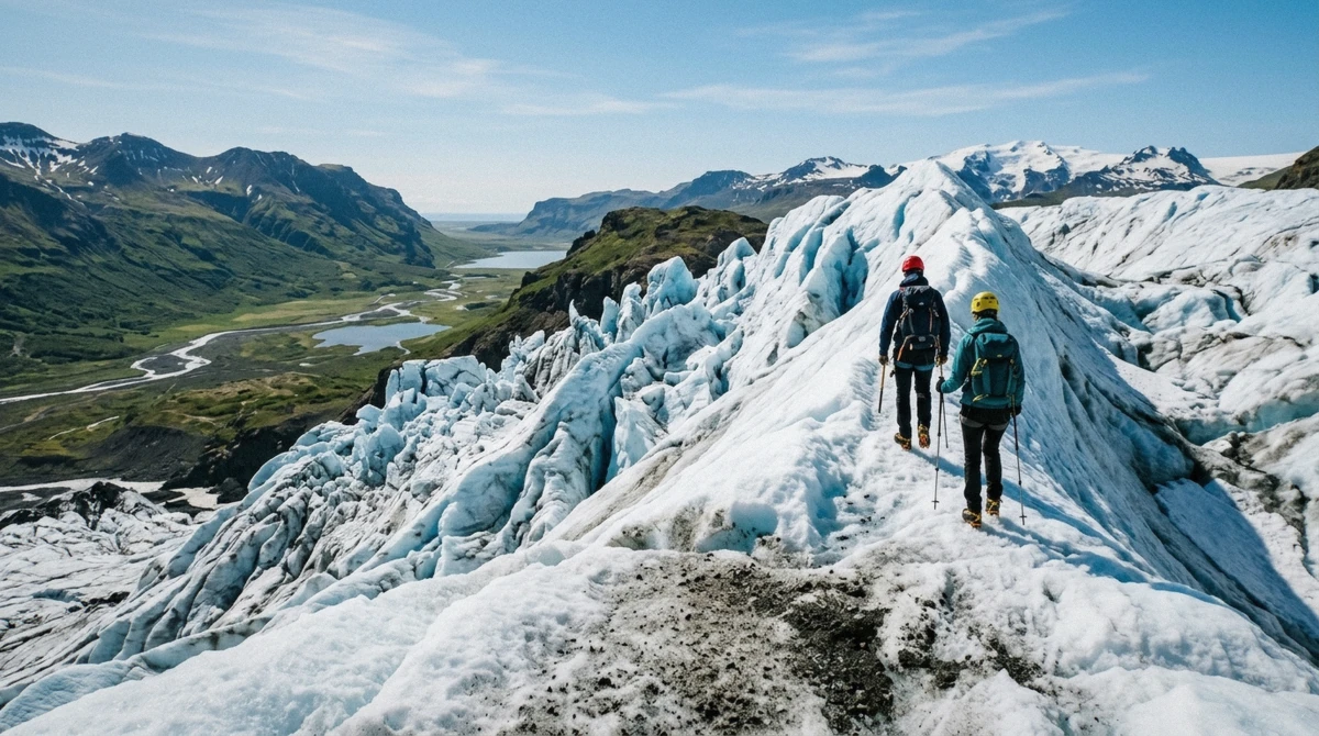 A guide fitting crampons before a small group steps onto the Falljökull icefall above Skaftafell, Iceland, on a guided glacier hike